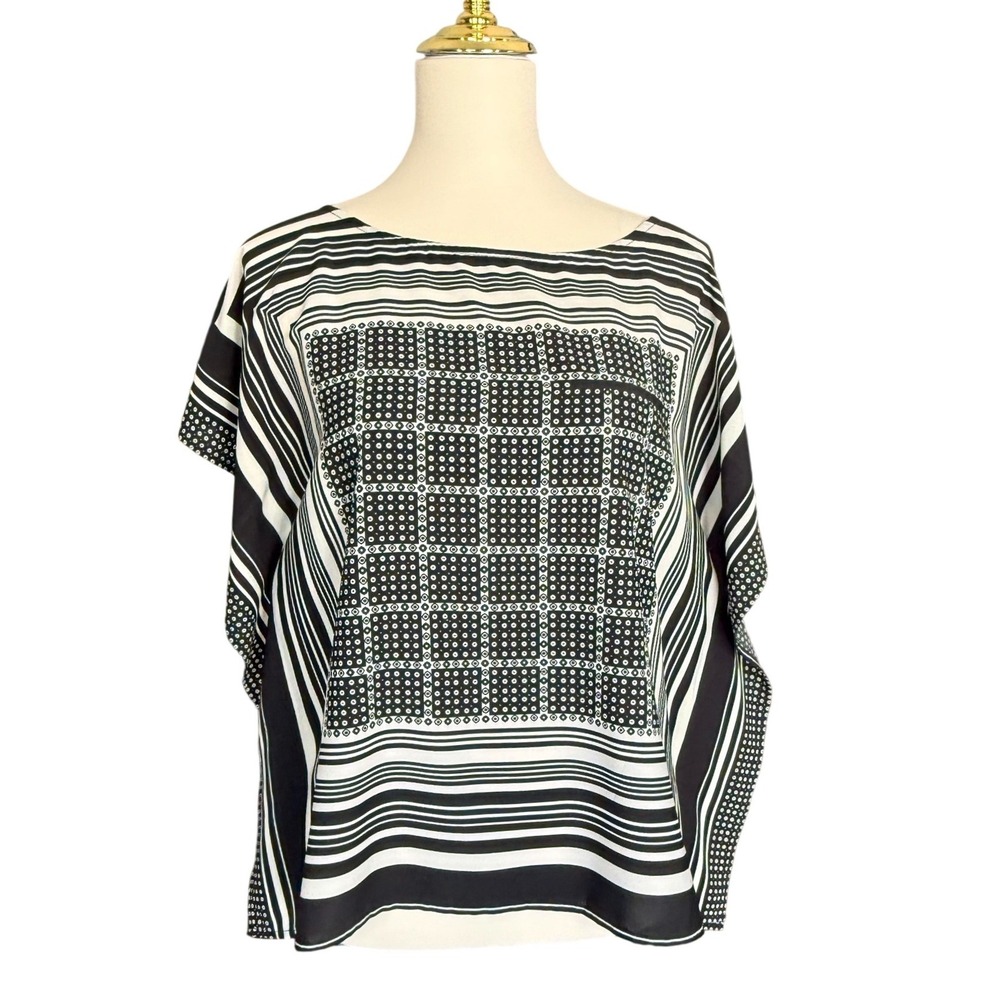 Gianni Bini Black White Geometric Scarf Print‎ Blouse Top Small RN58909